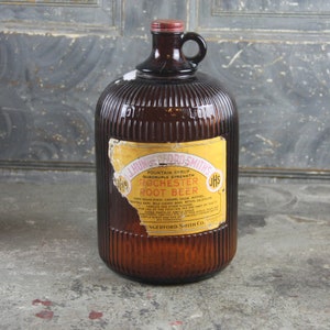 Rare Rochester NY Root Beer Gallon Amber Ribbed Embossed Bottle with Original Screw Top Lid and Label