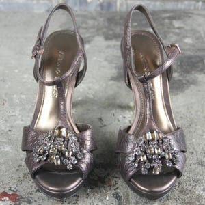 Antonio Melani Jeweled Rhinestone Open Toe T-Strap Leather 4" Heels with reptile texture and buckle ankle closure, women's size 6M