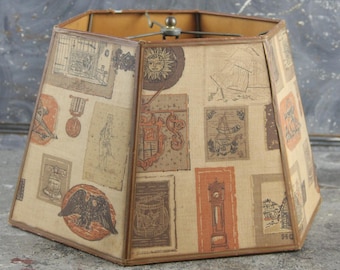 Vintage Hexagonal Fabric Lampshade with Early American images, brown, tan, and orange colors