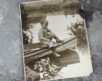 Antique Large Photo of Little Boy in Overalls and Lace-Up Boots Pretend Fishing, circa 1920s