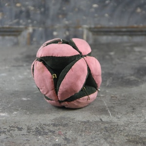 Primitive Antique Amish Sewing Puzzle Ball Pin Cushion, Pink and Black, Polished Cotton and Velveteen Fabric, Folk Art, early 20th century