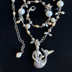 Custom Designed Mermaid with an Ukulele in Sterling Silver with Freshwater Pearls by Linda Queally
