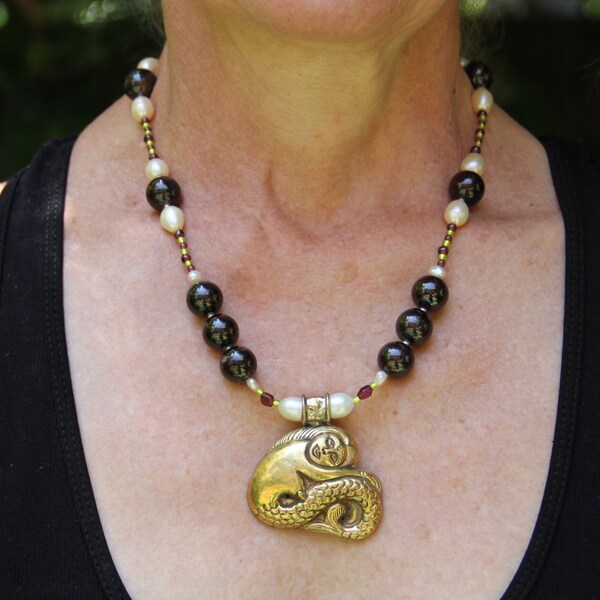 Brass Himalayan Mermaid with Garnets and Pearls