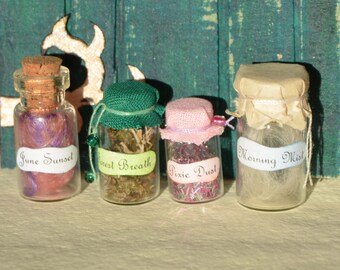 Fairy magic, magical ingredients dollhouse miniature, set of 4 potion bottles in one inch scale, witch, fantasy