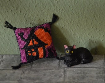 Crooked House Pillow, hand embroidered dollhouse miniature in 1/12 scale, Halloween themed, witch