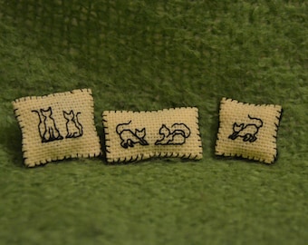 Cat cushions, hand embroidered pillows, dollhouse miniature in one inch scale