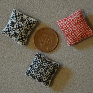 Blackwork Cushion, one inch scale dolls house pillow, hand embroidered dollhouse miniature in 1/12 scale image 2