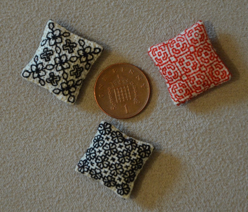Blackwork Cushion, one inch scale dolls house pillow, hand embroidered dollhouse miniature in 1/12 scale image 2