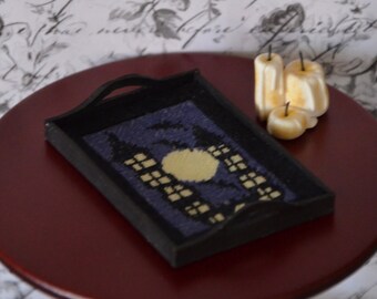 Spooky themed embroidered tray, Bat Castle, dollhouse miniature in one inch scale, witch, Halloween