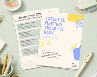 May include: Two checklists titled "Shutdown Checklist" and "Executive Function Checklist Pack" with floral and abstract designs. The "Executive Function Checklist Pack" includes a list of checklists: Morning Reset, Leaving The House, Shutdown, and Bad Brain Day.