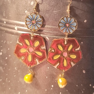 Upcycled Vintage Tin Dangle Earrings Funky Floral Orange and Yellow