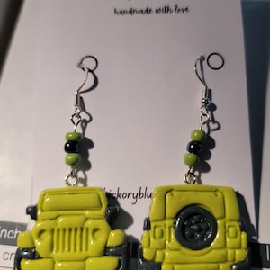 Bright Green Jeep Dangle Earrings off road 4 wheel Lg