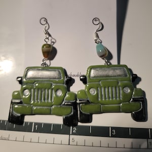 Olive Green Jeep Dangle Earrings off road 4 wheel Lg