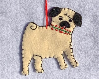 hand made felt pug Christmas tree ornament