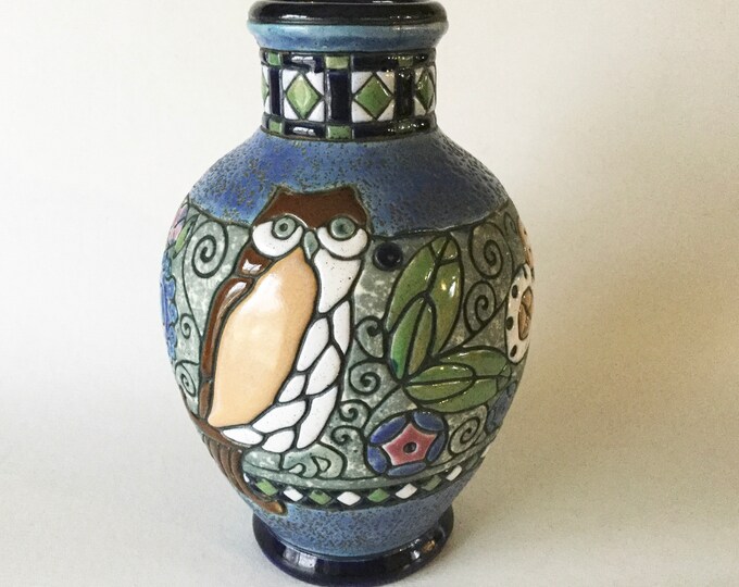 Art Nouveau AMPHORA OWL VASE Inlaid Enamel Pottery Czechoslovakia 9 Etsy