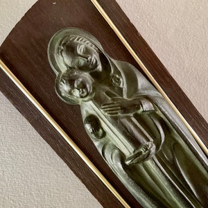 MCM Verdigris Patinated Metal MADONNA & CHILD on Wood Plaque Vintage Christian Art