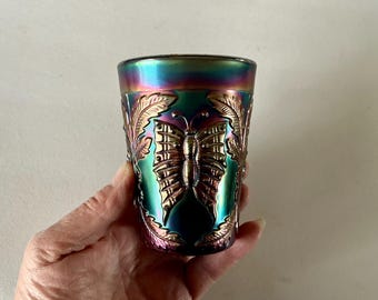 Antique FENTON Carnival Glass BUTTERFLY & FERN Plume Tumbler Amethyst
