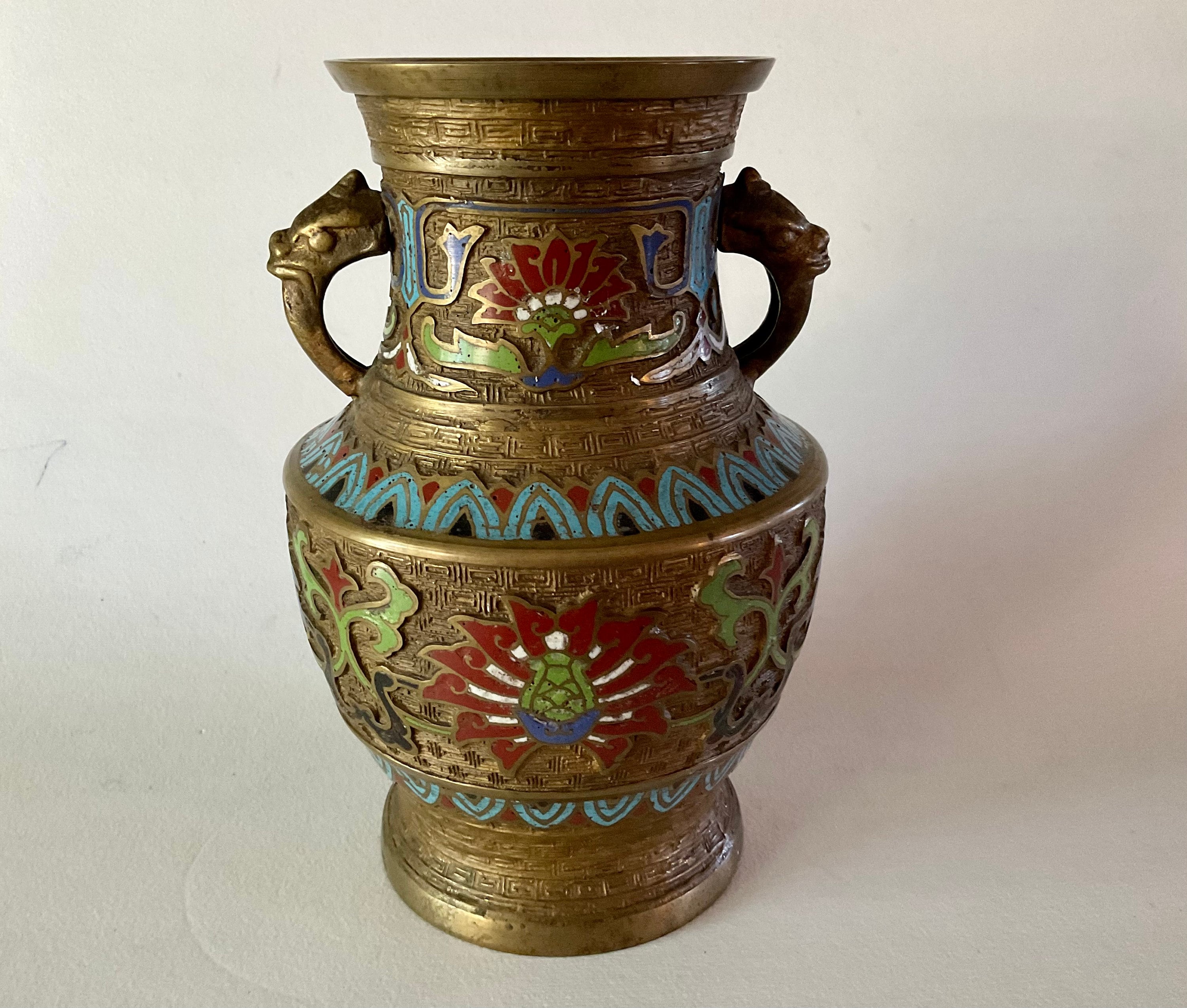 Antique Japan Bronze CHAMPLEVE Cloisonne VASE 8 3/8