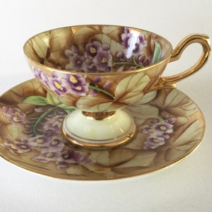 Early LEFTON Japan Demitasse Cup & Saucer # 730 Pattern Golden Leaves, Lilac Flowers 1940s Hand Painted