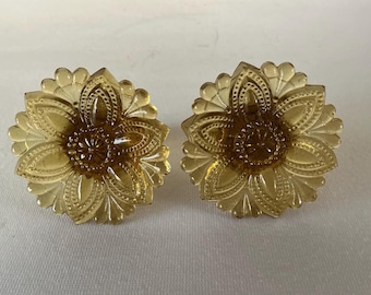 Pair Vintage Amber Glass Flower Rosette Tie Backs 2 3/4" 1930s