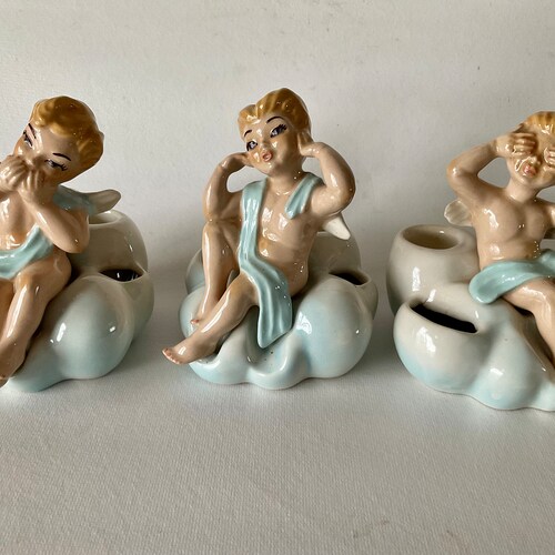 3 Ceramic Arts Studio Blue Angels in Cloud - See, Hear, Speak No Evil 1950s USA mcm Rare
