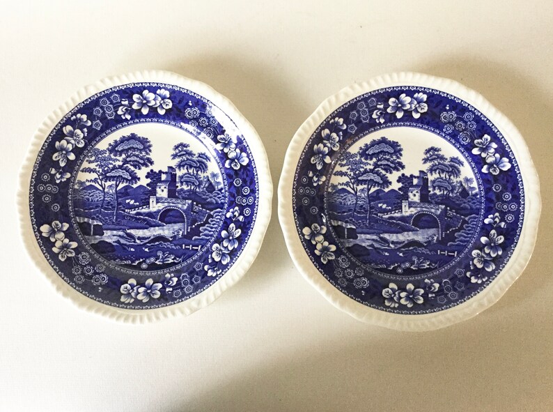 2 Salad Plates 7 34 Copeland Spode BLUE TOWER C1814 Gadroon Edge Antique Transferware England