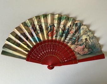 Large Vintage Spanish Dancers Wood/ Paper Folding Fan 19" Sgd J Pomentel 2 sided