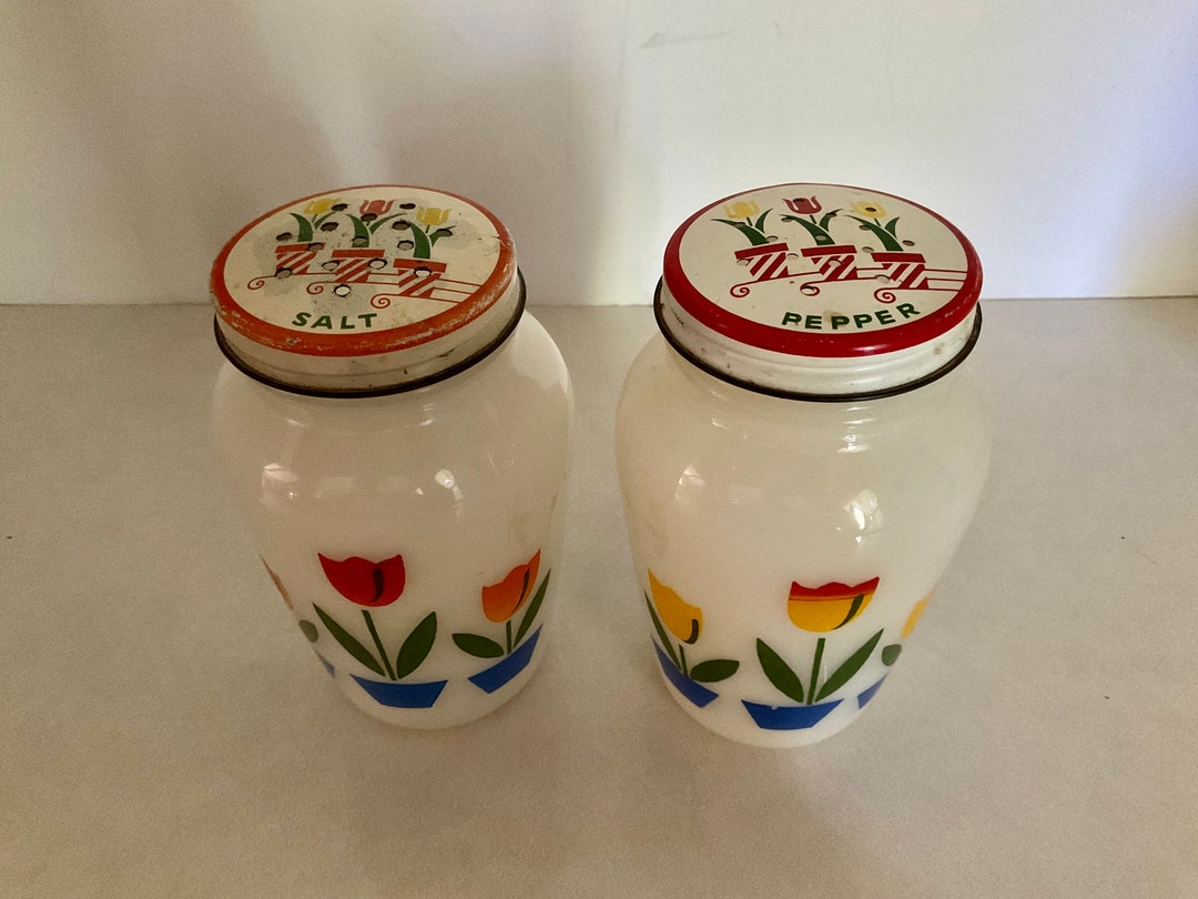 TULIP Fireking Milk Glass Salt & Pepper Range SHAKERS W/ Tin Etsy