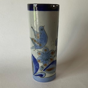 El Palomar Tonala Cylinder Vase 7 1/4&quot; Bird & Flower Ken Edwards Mexican Pottery Stoneware Vintage