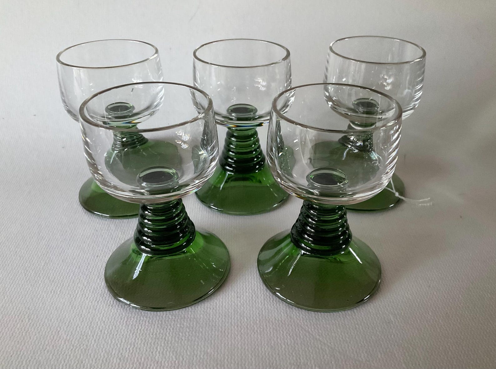 5 Vintage Cordial Liqueur Green ringed Beehive Stem Glasses Roemer ?
