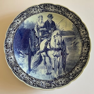 Royal Sphinx Large DELFTS Delft Blue Charger Plate 15 3/4&quot; Maastricht Holland - Vintage Just Married Dutch Couple Carriage White Horse