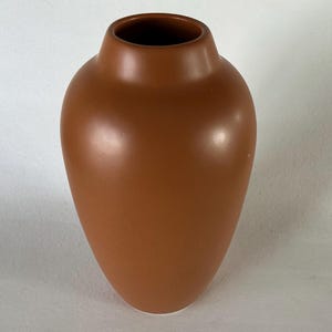 May include: A terracotta-colored vase with a rounded body and a narrow neck. The ceramic vase has a smooth, matte finish and a simple, elegant design. This decorative vase is suitable for displaying flowers or as a standalone accent piece.