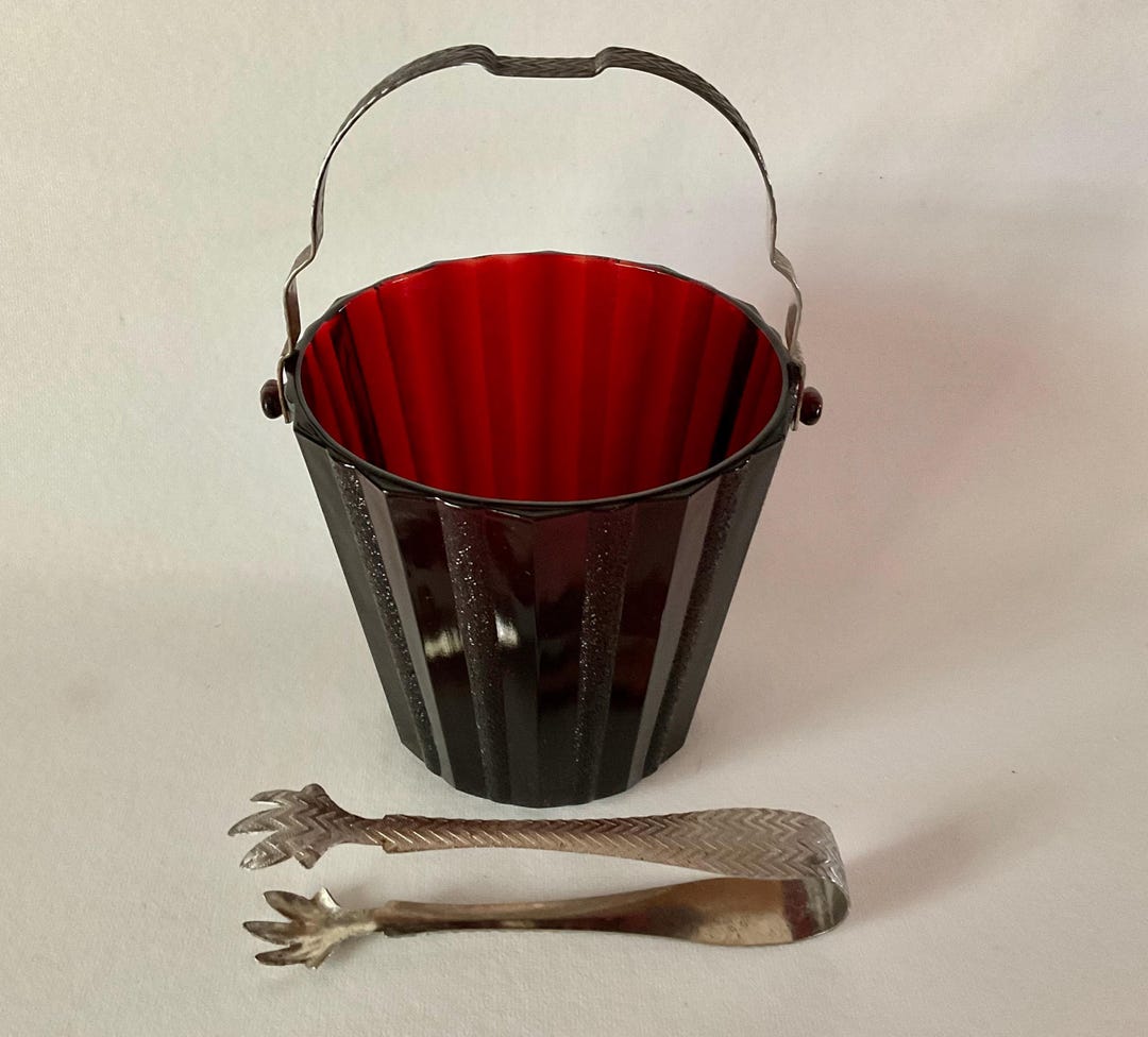 Art Deco Royal Ruby Red ICE BUCKET W/ Matching Tongs Anchor Hocking ...