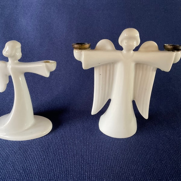 ROSENTHAL Small Pair of Christmas Angel Candle Holders Blanc de Chine in Selb Plossberg Germany Ca 1950s