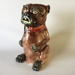 Antique MAJOLICA Pottery Figural PUG Dog Pitcher Red Collar 10 3/4&quot; Large