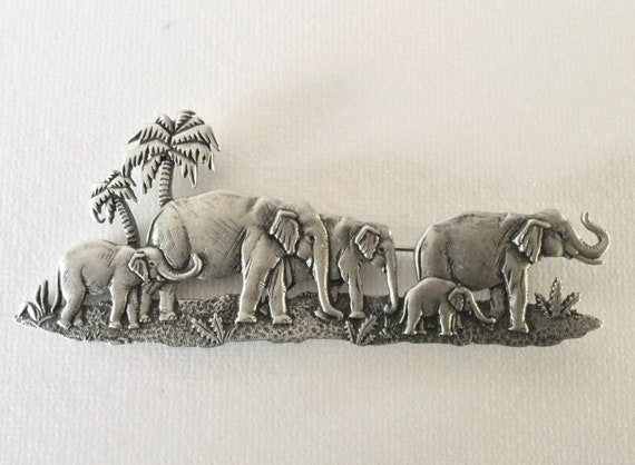 Large Vintage JJ ELEPHANT Herd Family Pewter Pin … - image 1