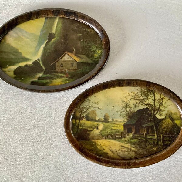 Pair Antique Oval Metal Framed Lithograph Prints Ca 1900 Cottage Waterfall