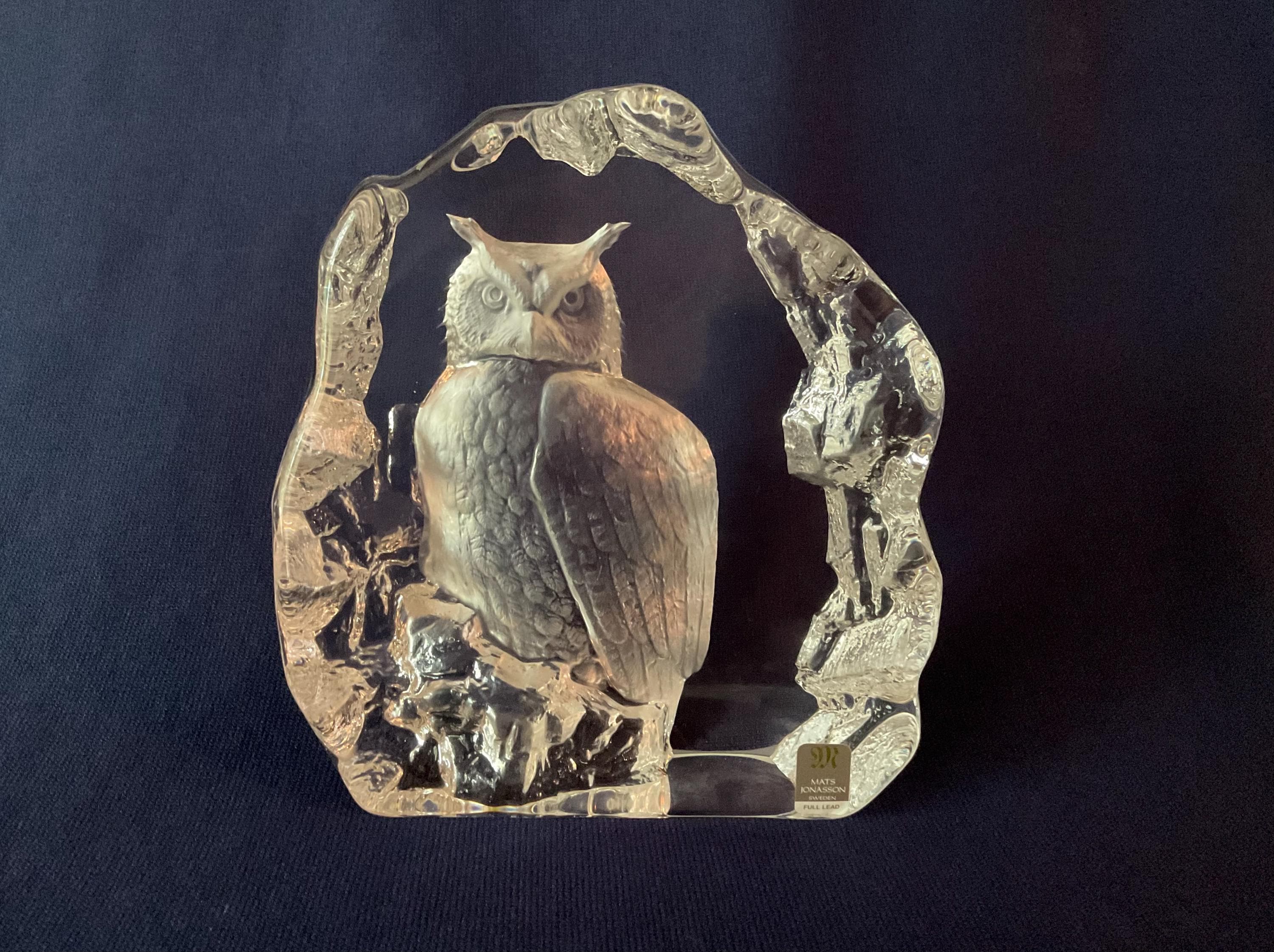 Mats Jonasson Crystal Great Horned OWL Sculpture Paperweight w/ Label Sweden c1976