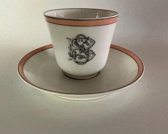 Antique C.H Pillivuyt & Cie Paris Porcelain 4 oz Cup Saucer MONOGRAM Ca 1900