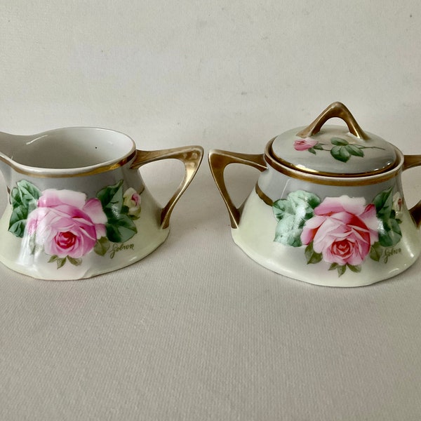 Royal Munich Sgd GOBRON Sugar Bowl and Creamer Hand Painted Roses Z.S.&Co Bavaria