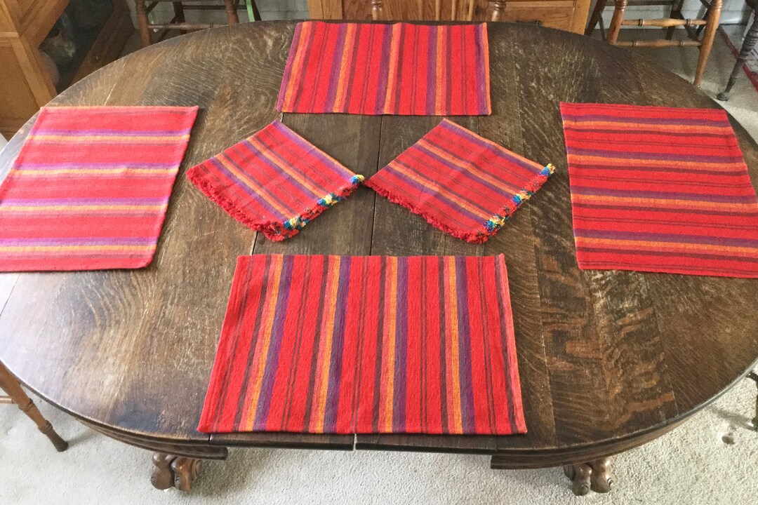 Crate & Barrel 8 Placemats 2 Napkins Woven Cotton Striped Red Purple