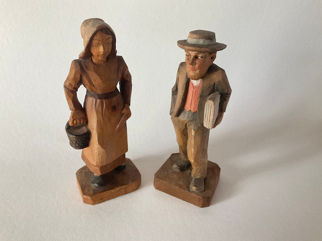Vintage ANRI ? Folk Art Hand Carved Colored Wood AMISH Couple Man Woman ...