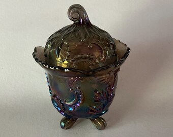 Indiana Carnival Glass Amethyst 4 footed Candy Dish Baroque Scroll Louis 14th 1970s