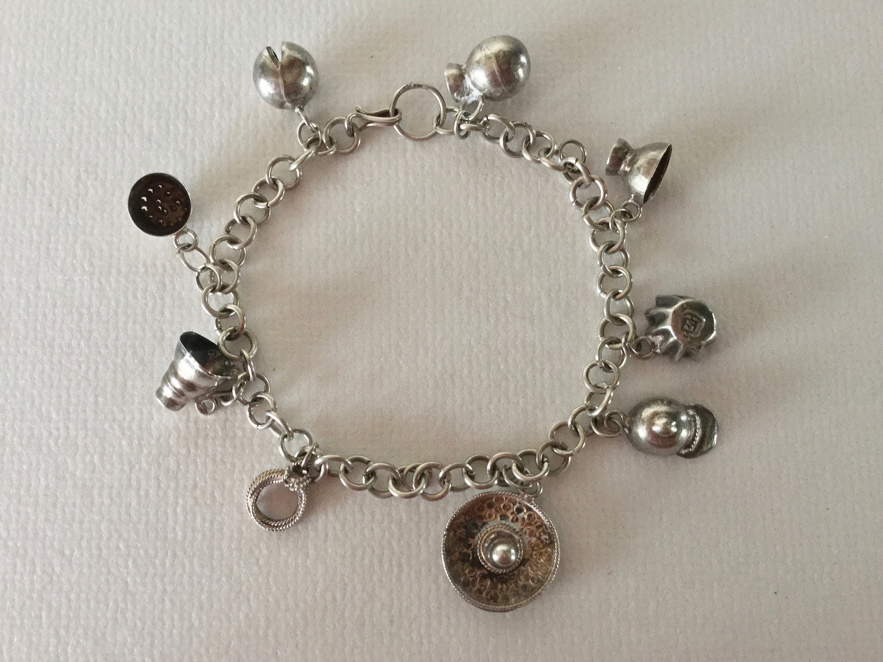 Vintage JMS STERLING Silver Mexican 9 Charm Child's Bracelet