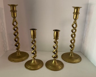 2 Pairs of Antique BRASS Open Barley Twist CANDLESTICKS 12" and 7 3/4" England