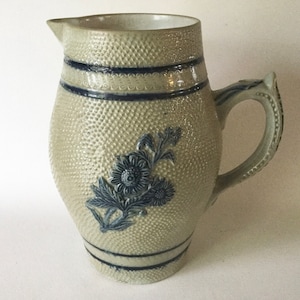 Antique Blue/Grey Stoneware PROSIT PITCHER Jug Salt Glaze Whites of Utica 1890s