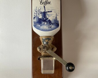 Vintage DELFTS Delft Blue Wall Coffee Grinder w/ Windmill and Boat Complete Germany