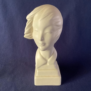 1930s HAEGER Art Deco Pottery LADY HEAD Bust on Stepped Base Windswept Hair Sculpture # 812 White by Koenig