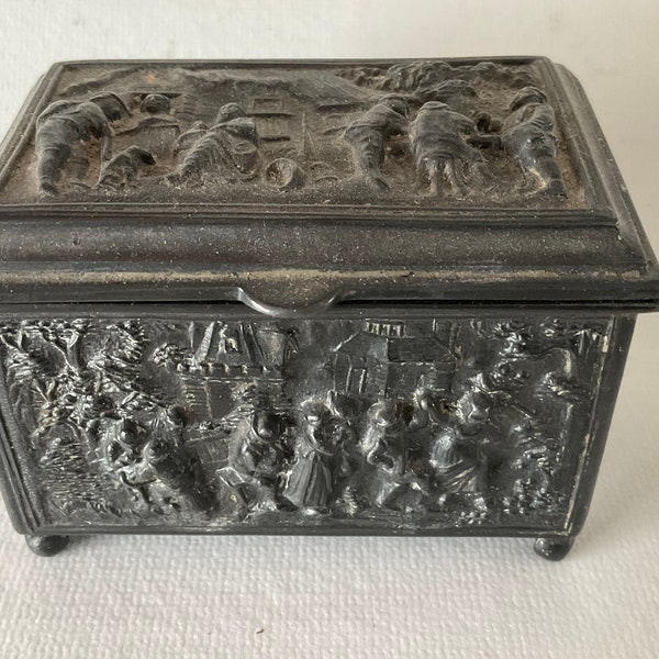 JB Jennings Bros Metal Jewelry Footed Casket Box 1285 Repousse People Antique Dutch Style