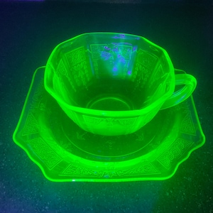 4 Sets Hocking PRINCESS Green Uranium Depression Glass CUP & Saucer / Bread PLATE 1930s